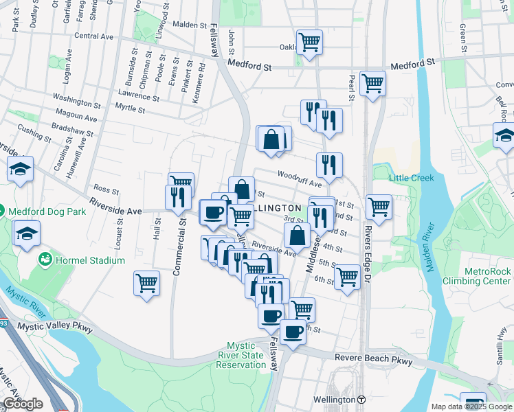 map of restaurants, bars, coffee shops, grocery stores, and more near in Medford