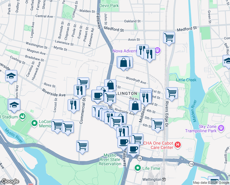map of restaurants, bars, coffee shops, grocery stores, and more near in Medford