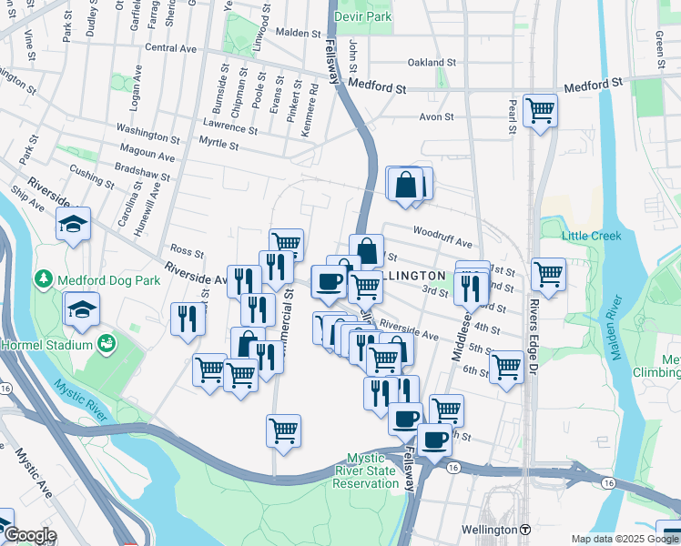 map of restaurants, bars, coffee shops, grocery stores, and more near 158 4th Street in Medford