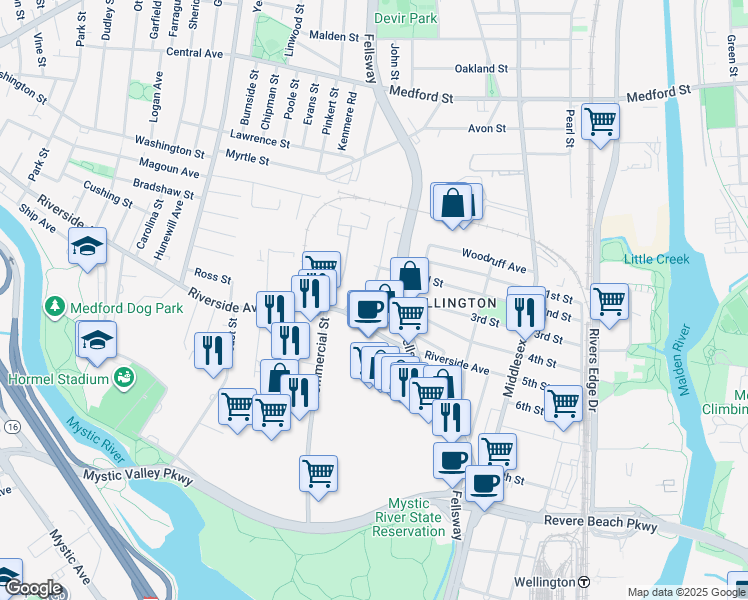 map of restaurants, bars, coffee shops, grocery stores, and more near 158 4th Street in Medford