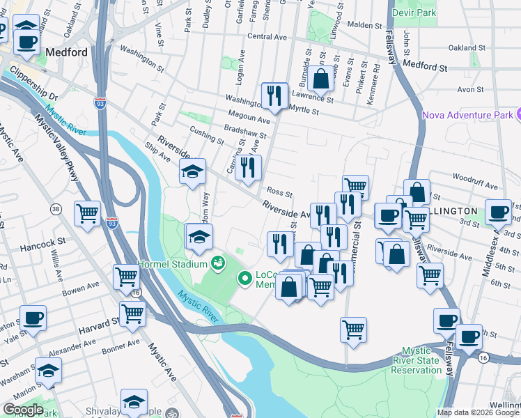 map of restaurants, bars, coffee shops, grocery stores, and more near in Medford
