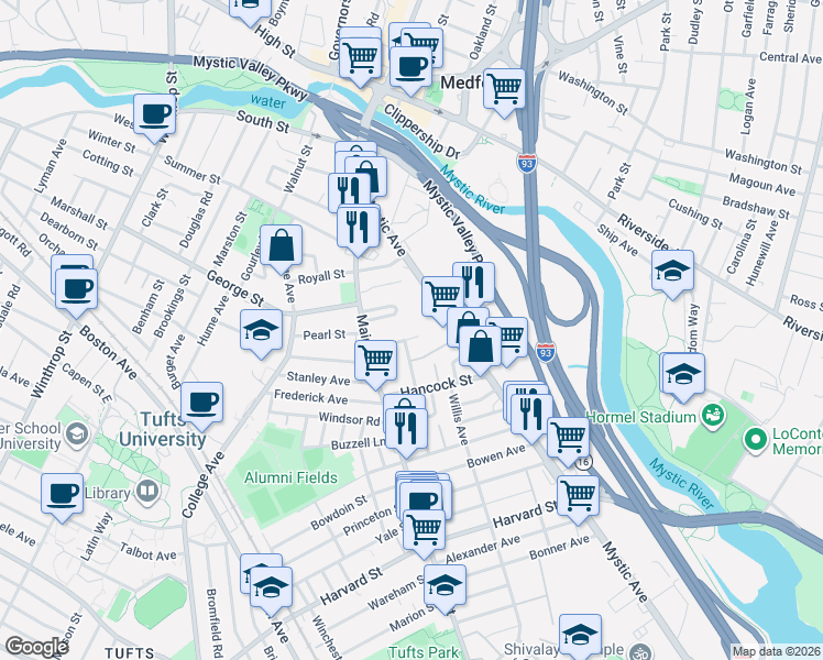 map of restaurants, bars, coffee shops, grocery stores, and more near 22 Hancock Avenue in Medford