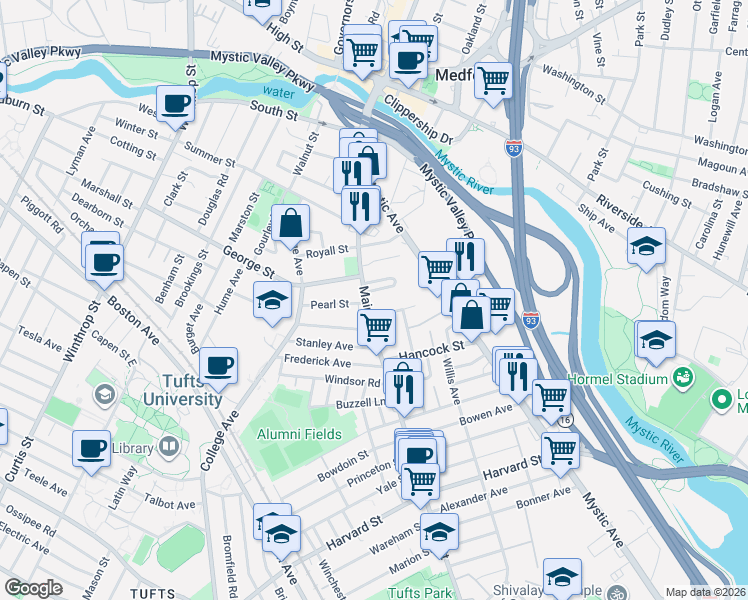 map of restaurants, bars, coffee shops, grocery stores, and more near 229 Main Street in Medford