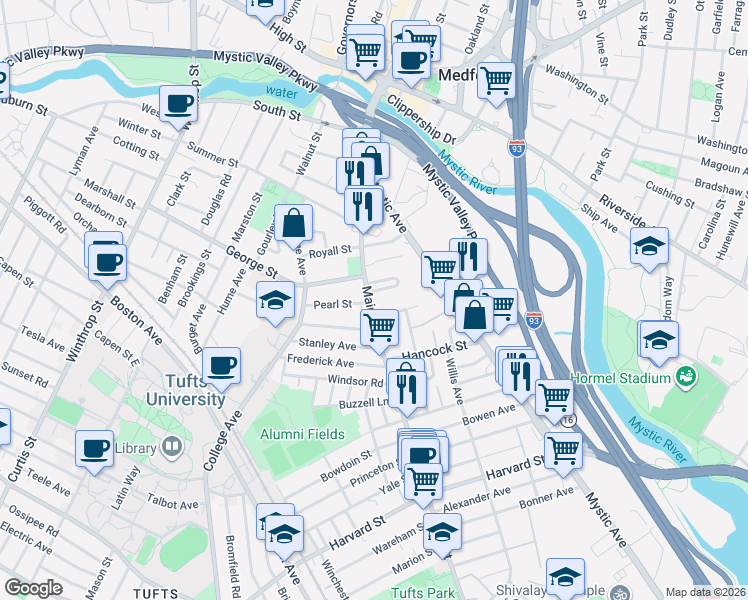 map of restaurants, bars, coffee shops, grocery stores, and more near 229 Main Street in Medford