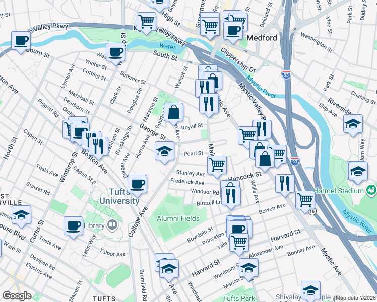 map of restaurants, bars, coffee shops, grocery stores, and more near 28 Pearl Street in Medford