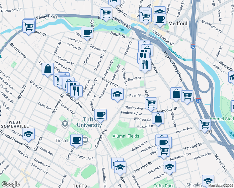 map of restaurants, bars, coffee shops, grocery stores, and more near 44 Woodbine Road in Medford