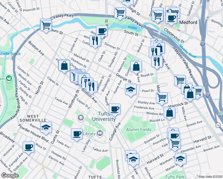 map of restaurants, bars, coffee shops, grocery stores, and more near 42 Hume Avenue in Medford