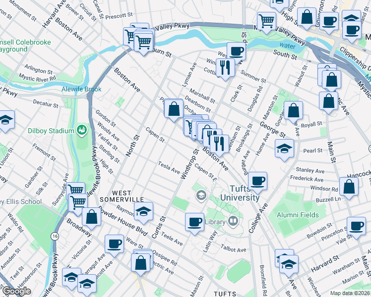 map of restaurants, bars, coffee shops, grocery stores, and more near 48 Winthrop Street in Medford