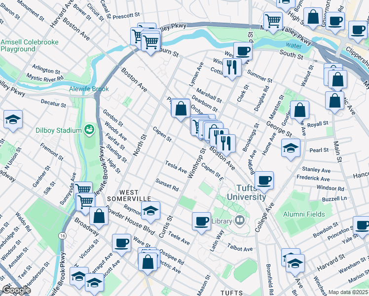 map of restaurants, bars, coffee shops, grocery stores, and more near 32 Capen Street East in Medford
