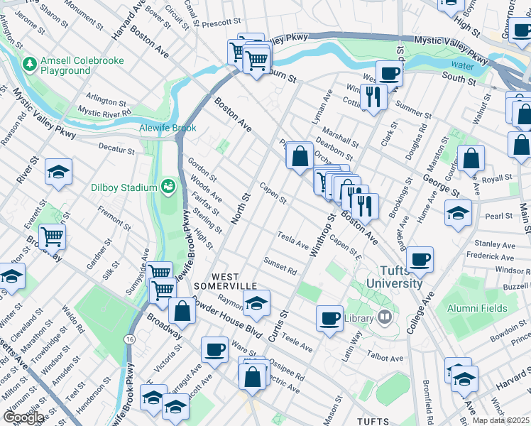 map of restaurants, bars, coffee shops, grocery stores, and more near 52 Adams Street in Medford