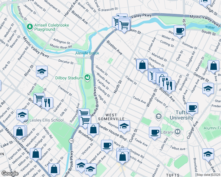 map of restaurants, bars, coffee shops, grocery stores, and more near 15 Fairfax Street in Somerville