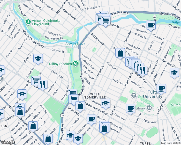 map of restaurants, bars, coffee shops, grocery stores, and more near 44 Sterling Street in Somerville