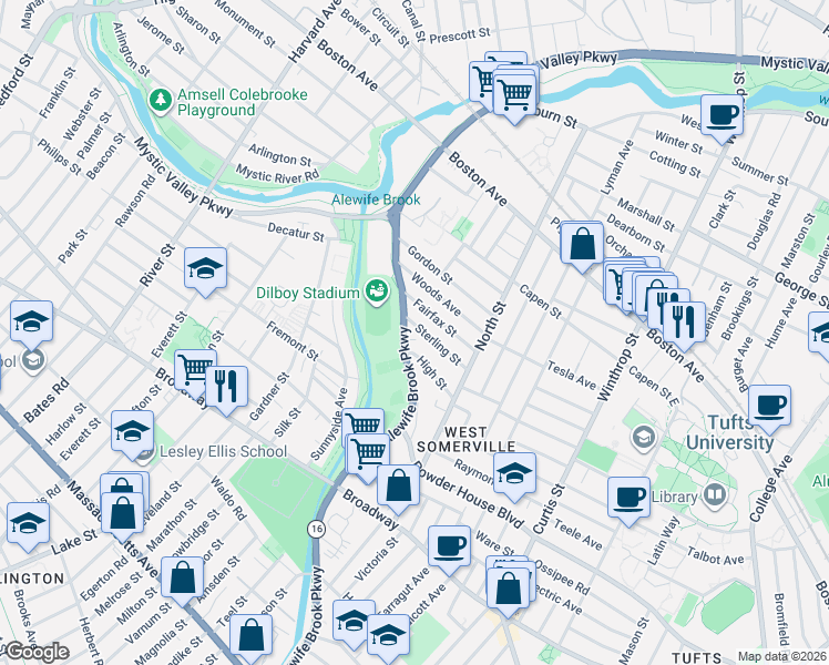 map of restaurants, bars, coffee shops, grocery stores, and more near 44 Sterling Street in Somerville