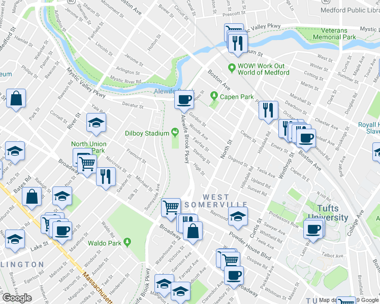 map of restaurants, bars, coffee shops, grocery stores, and more near 44 Sterling Street in Somerville
