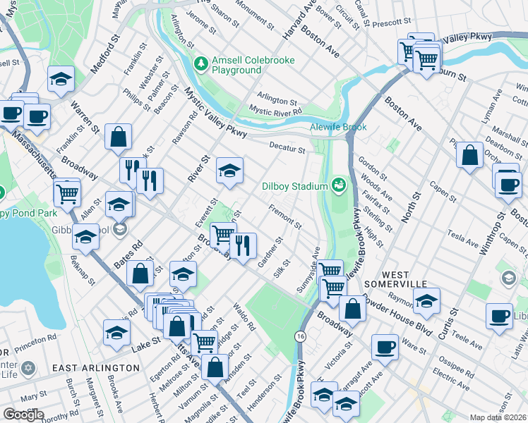 map of restaurants, bars, coffee shops, grocery stores, and more near 19 Granton Park in Arlington