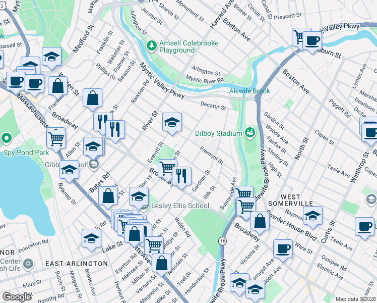 map of restaurants, bars, coffee shops, grocery stores, and more near 47 Norcross Street in Arlington