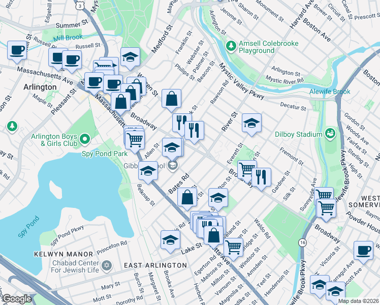 map of restaurants, bars, coffee shops, grocery stores, and more near 75 Tufts Street in Arlington