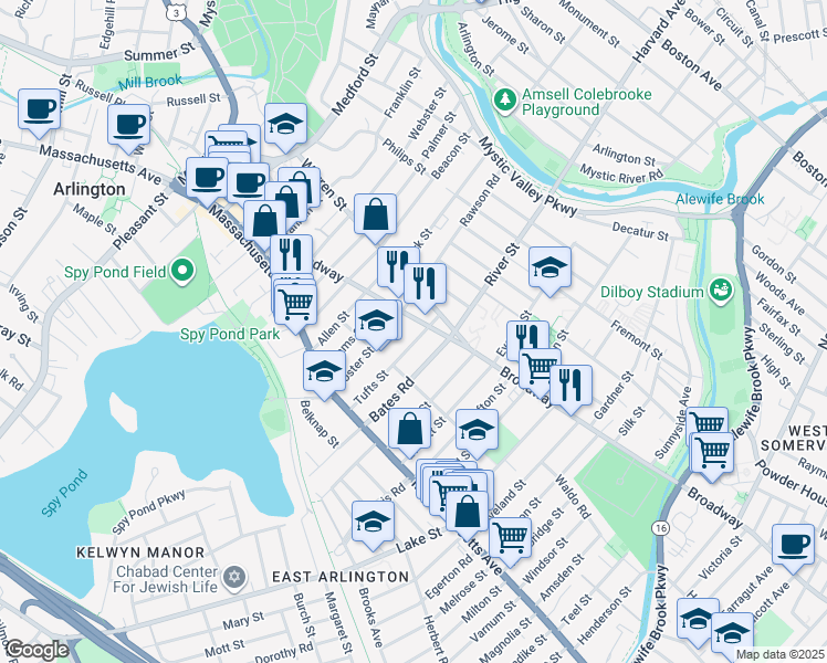 map of restaurants, bars, coffee shops, grocery stores, and more near 75 Tufts Street in Arlington