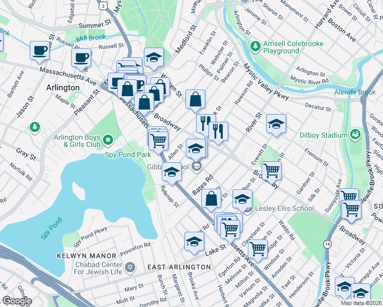map of restaurants, bars, coffee shops, grocery stores, and more near 59 Foster Street in Arlington