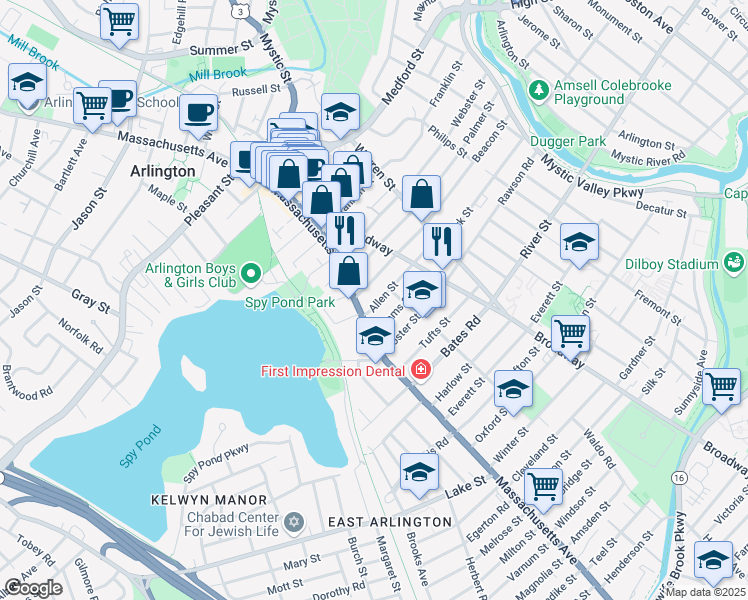 map of restaurants, bars, coffee shops, grocery stores, and more near 339 Massachusetts Avenue in Arlington