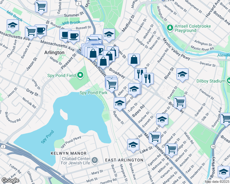 map of restaurants, bars, coffee shops, grocery stores, and more near 339 Massachusetts Avenue in Arlington