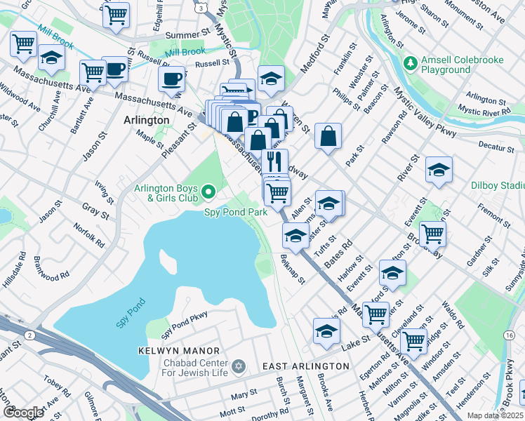 map of restaurants, bars, coffee shops, grocery stores, and more near 21 Wyman Terrace in Arlington