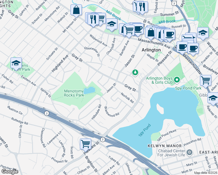 map of restaurants, bars, coffee shops, grocery stores, and more near 111 Jason Street in Arlington