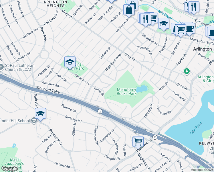 map of restaurants, bars, coffee shops, grocery stores, and more near 76 High Haith Road in Arlington