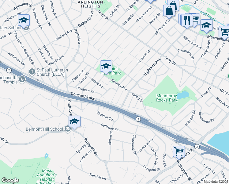 map of restaurants, bars, coffee shops, grocery stores, and more near 184 Scituate Street in Arlington