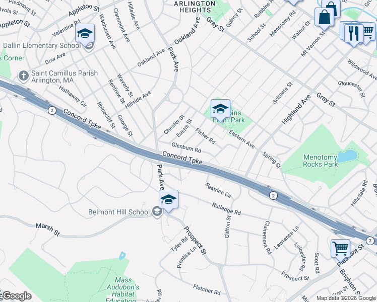 map of restaurants, bars, coffee shops, grocery stores, and more near 3 Bellington Street in Arlington