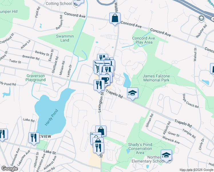 map of restaurants, bars, coffee shops, grocery stores, and more near 1019 Trapelo Road in Waltham