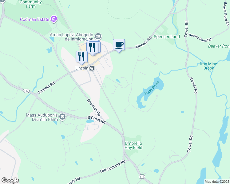 map of restaurants, bars, coffee shops, grocery stores, and more near 16 Greenridge Lane in Lincoln