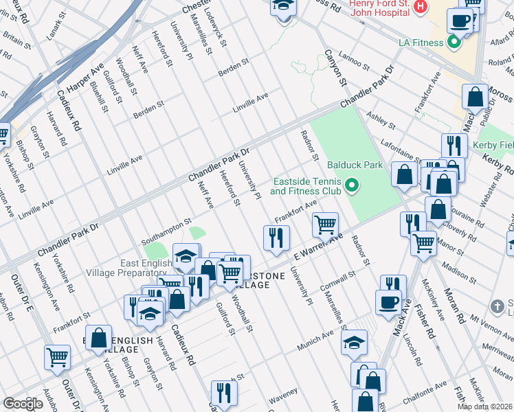 map of restaurants, bars, coffee shops, grocery stores, and more near 5253 University Place in Detroit