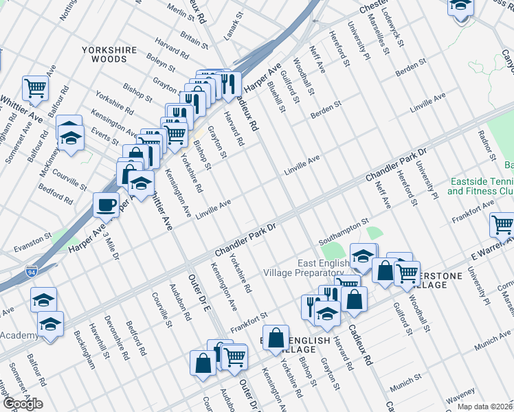 map of restaurants, bars, coffee shops, grocery stores, and more near 5737 Harvard Road in Detroit