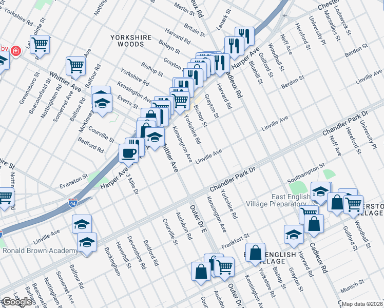 map of restaurants, bars, coffee shops, grocery stores, and more near 5920 Kensington Avenue in Detroit