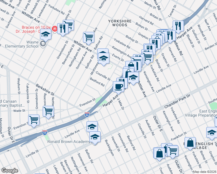 map of restaurants, bars, coffee shops, grocery stores, and more near 9131 Bedford Street in Detroit