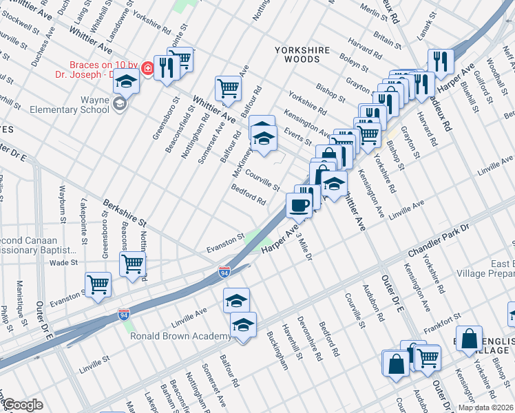 map of restaurants, bars, coffee shops, grocery stores, and more near 9131 Bedford Street in Detroit