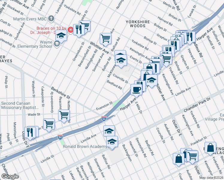map of restaurants, bars, coffee shops, grocery stores, and more near 9169 Devonshire Road in Detroit