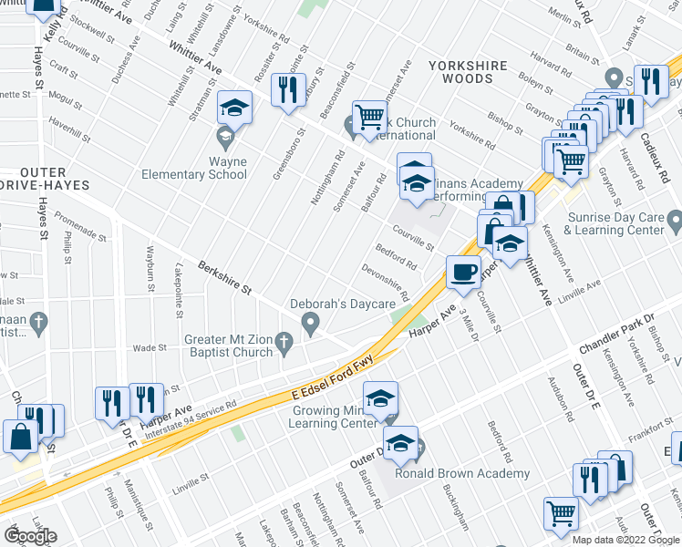 map of restaurants, bars, coffee shops, grocery stores, and more near 9404 McKinney Street in Detroit