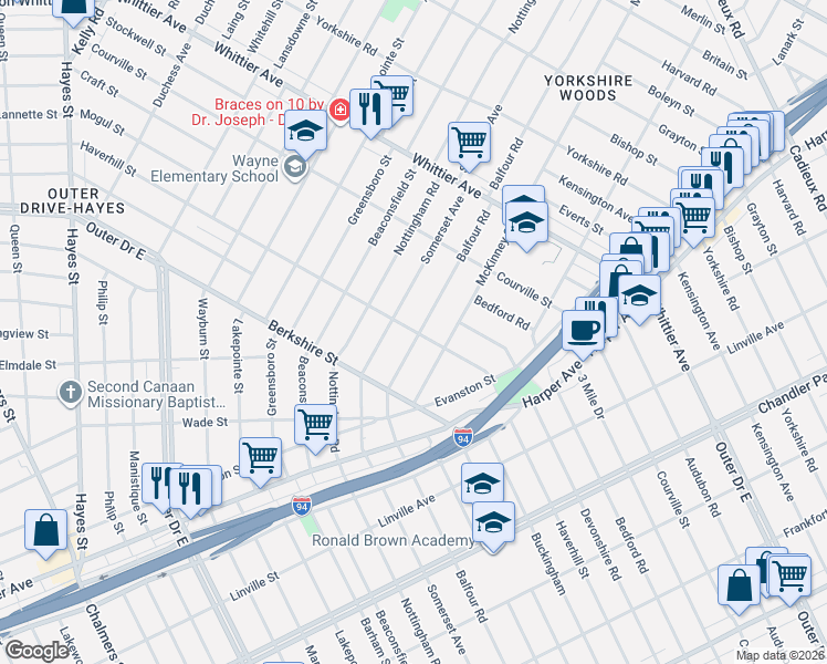 map of restaurants, bars, coffee shops, grocery stores, and more near 9700 Balfour Road in Detroit