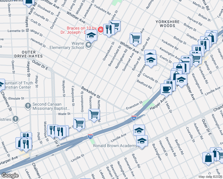 map of restaurants, bars, coffee shops, grocery stores, and more near 9761 Somerset Avenue in Detroit