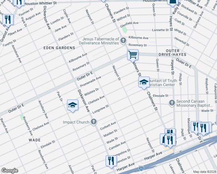 map of restaurants, bars, coffee shops, grocery stores, and more near 13345 Chelsea Avenue in Detroit