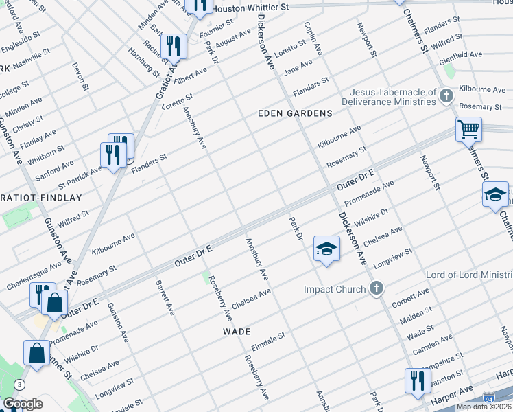 map of restaurants, bars, coffee shops, grocery stores, and more near 12518 Rosemary Street in Detroit