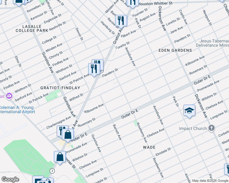 map of restaurants, bars, coffee shops, grocery stores, and more near 12075 Kilbourne Avenue in Detroit