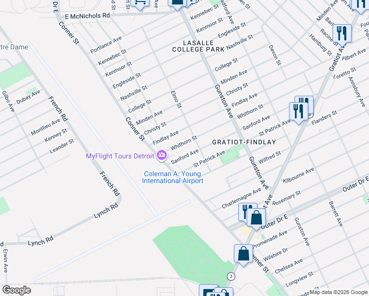 map of restaurants, bars, coffee shops, grocery stores, and more near 11101 Sanford Avenue in Detroit