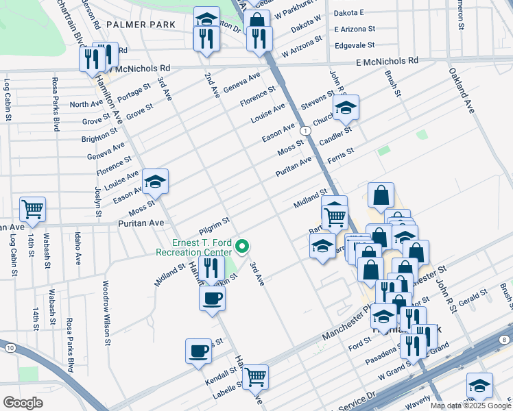 map of restaurants, bars, coffee shops, grocery stores, and more near 131 Pilgrim Street in Highland Park