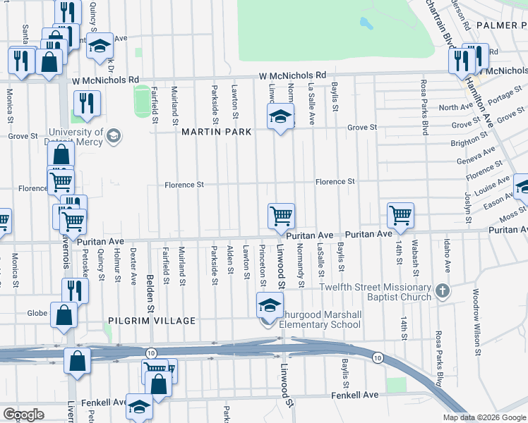 map of restaurants, bars, coffee shops, grocery stores, and more near 16152 Princeton Street in Detroit