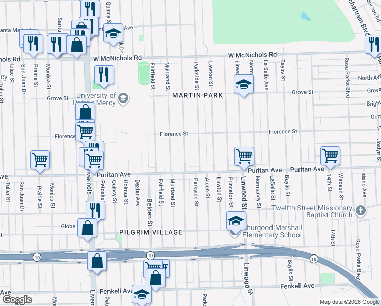 map of restaurants, bars, coffee shops, grocery stores, and more near 16159 Parkside Street in Detroit