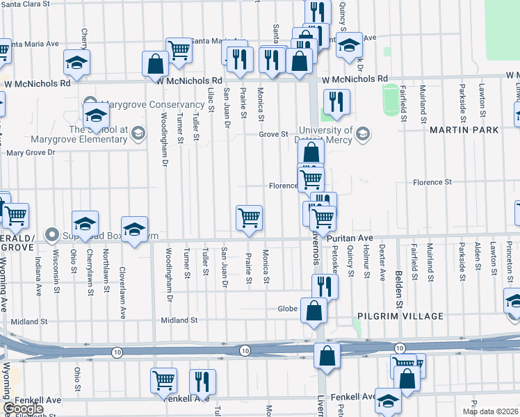 map of restaurants, bars, coffee shops, grocery stores, and more near 16176 Monica Street in Detroit