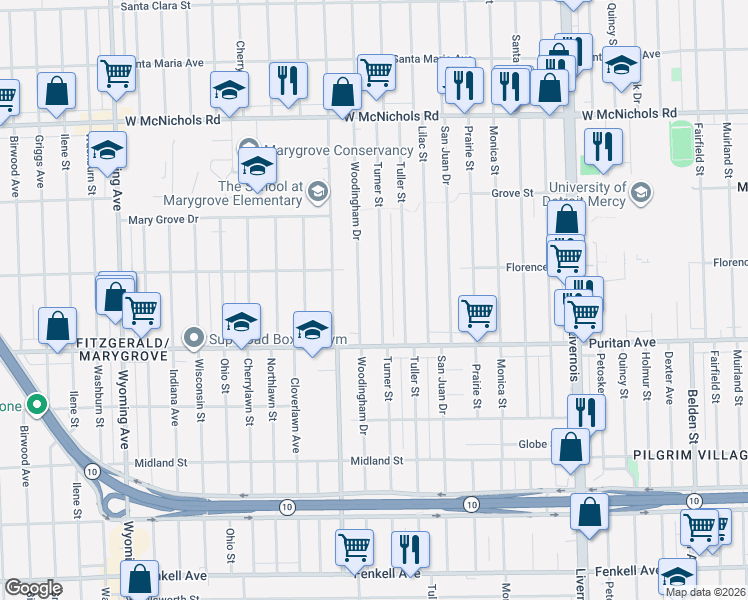 map of restaurants, bars, coffee shops, grocery stores, and more near 16182 Woodingham Drive in Detroit